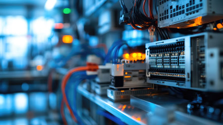 Detailed view of a modern electrical control panel showcasing wiring, connections, and indicators. Ideal for technology and industrial themes.の素材