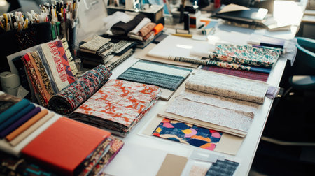 A vibrant and organized workspace filled with various textiles and patterns. The layout showcases materials perfect for crafting and design inspiration.の素材