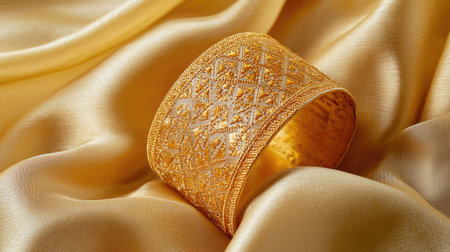 A stunning gold bracelet rests elegantly on a smooth satin fabric. The intricate pattern showcases exceptional craftsmanship, highlighting the luxurious feel of the scene.の素材