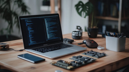 A modern workspace displaying a laptop with code on the screen alongside various electronics and tools. Ideal for themes of productivity and technology.の素材