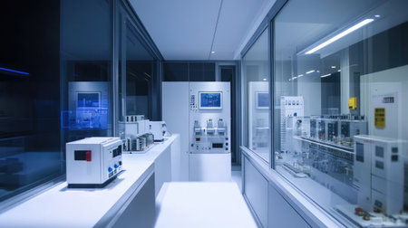 A contemporary laboratory interior showcasing advanced equipment and technology. The sleek design features glass walls, bright illumination, and organized workspaces for scientific research and precision engineering.の素材