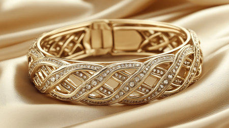 This stunning gold bracelet adorned with sparkling diamonds rests elegantly on a soft satin background, showcasing exquisite craftsmanship and timeless beauty.の素材