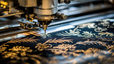 A detailed view of an embroidery machine at work, showcasing the intricate stitching of a decorative floral pattern on black fabric, emphasizing craftsmanship.の素材