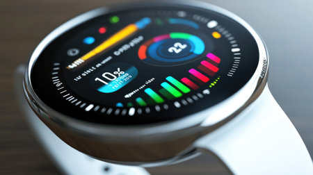 A closeup view of a smartwatch display showcasing colorful graphs and health metrics. This modern device highlights features related to fitness and monitoring.の素材
