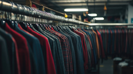 A visually striking display of various colorful jackets hanging on a clothing store rack, showcasing diverse styles and textures in a retail setting.の素材