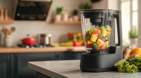 A black blender filled with fresh fruits and vegetables sits on a kitchen countertop. Brightly colored ingredients suggest healthy cooking and nutritious meal preparation.の素材