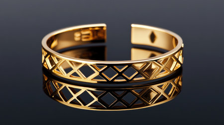 Stunning gold cuff bracelet features a unique geometric cutout design. Its reflective surface enhances elegance, making it perfect for any fashion-forward accessory collection.の素材