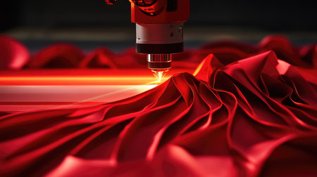 A high-tech laser cutting machine operates on vibrant red fabric, showcasing intricate folds and textures while emitting a focused light beam during the creative process.の素材
