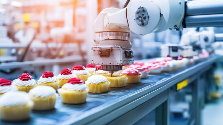 A robotic arm meticulously decorates cupcakes with icing on a busy production line. This image exemplifies the fusion of technology and food production, showcasing efficiency and modern automation in the bakery industry.の素材
