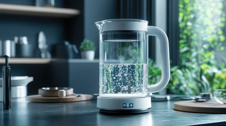 A modern electric kettle sits on a sleek kitchen counter, showcasing a stylish design with boiling water and bubbles. This image highlights contemporary kitchen aesthetics and functionality.の素材