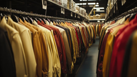 A vibrant array of vintage jackets hangs neatly in a clothing warehouse, showcasing an impressive collection of colors and styles for fashion enthusiasts.の素材
