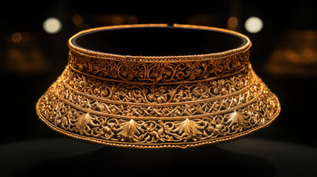 This captivating gold jewelry piece showcases intricate patterns and stunning craftsmanship. Ideal for highlighting luxury and elegance in fashion or cultural heritage.の素材