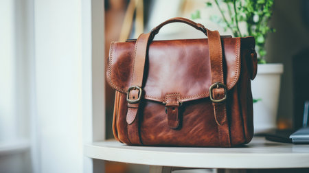 A charming vintage brown leather handbag sits on a table adorned with an indoor plant, showcasing elegant craftsmanship and stylish minimalism in decor.の素材