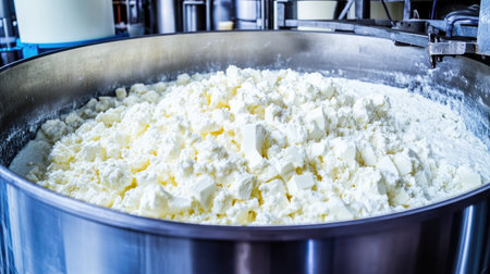 This image showcases a large tank filled with fresh curd, highlighting the dairy production process. The creamy texture represents quality ingredients for food processing.の素材