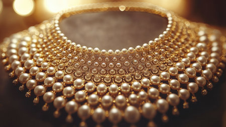 A stunning close-up of an elegant gold and pearl necklace showcasing intricate design and luxurious beauty, perfect for special occasions and fashion statements.の素材