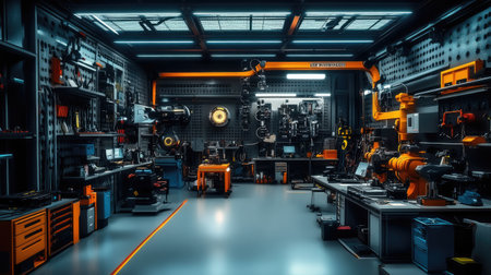 A well-organized modern industrial workshop showcasing advanced tools and equipment. The workspace features cutting-edge technology and efficient layout, perfect for various manufacturing processes.の素材