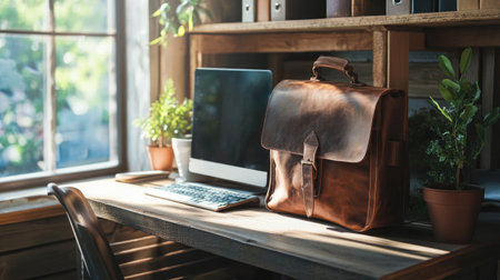 A bright and inviting workspace featuring a leather bag on a wooden desk. Natural light highlights the computer and plants, creating a cozy atmosphere perfect for productivity.の素材