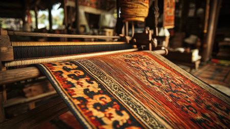 This image showcases a close-up view of a traditional handwoven textile on a wooden loom, highlighting the intricate patterns and vibrant colors used in craftsmanship.の素材