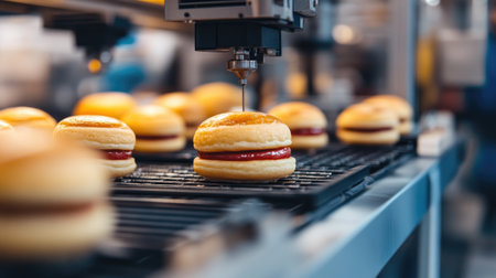A high-tech machine in a factory efficiently assembles pancakes with vibrant filling, showcasing modern production techniques in a bustling food facility.の素材