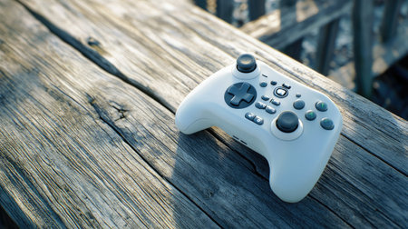 A sleek white game controller rests on a rustic wooden surface, illuminated by natural light, showcasing modern gaming technology alongside natural textures.の素材