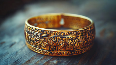 A stunning golden bracelet featuring intricate floral designs, resting elegantly on a wooden surface. This piece showcases fine craftsmanship and artistic beauty.の素材