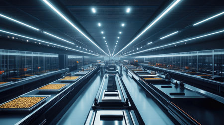 A modern automated warehouse featuring advanced conveyance systems and bright lighting. This space showcases the future of industrial efficiency and organization.の素材