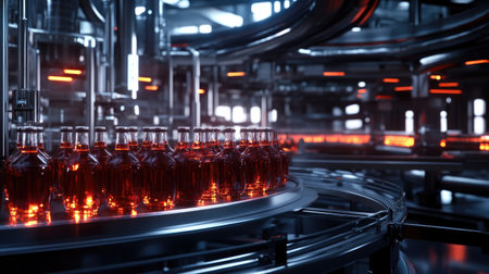 A captivating view showcasing bottles filled with liquid moving along a sleek conveyor system in a modern industrial facility, illuminated by vibrant lights.の素材