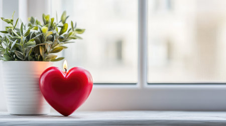 A charming heart-shaped candle burns gently beside a potted plant on a window sill, creating a serene atmosphere filled with warmth and love. Perfect for home decor.の素材