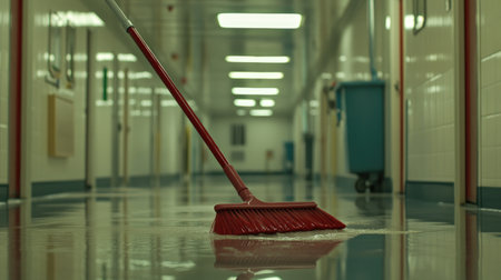 A red broom sweeps across a shiny floor in a hospital corridor, showcasing cleanliness and sanitation in a healthcare environment.の素材