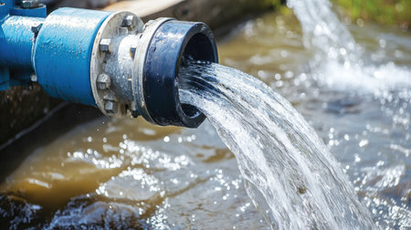 The image captures water flowing from a pipe in a natural setting, showcasing the beauty of liquid movement under sunlight, emphasizing the importance of water in nature.の素材