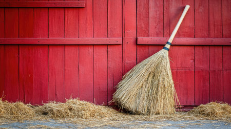 A large broom rests against a vibrant red wooden wall, surrounded by scattered straw. This rustic scene evokes a sense of countryside simplicity and farm life.の素材