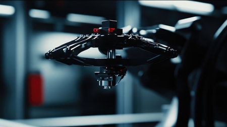 Close-up view of an advanced robotic arm equipped with a precision tool, showcasing intricate mechanical design and innovative technology in an industrial environment.の素材