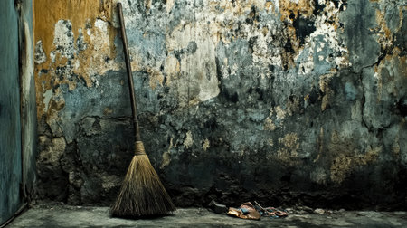 A broom stands against a textured, weathered wall showcasing peeling paint and dirt. The scene conveys an atmosphere of neglect and simplicity, perfect for themes of cleaning or abandonment.の素材