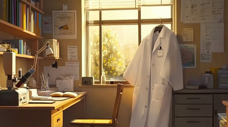 A cozy laboratory scene showcasing a lab coat hanging near a sunlit window, surrounded by books and lab equipment. The warm atmosphere invites creativity.の素材