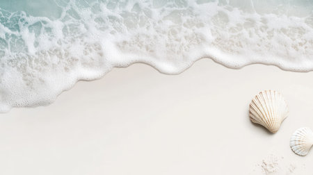 Serene beach scene featuring gentle waves lapping at a sandy shoreline, with a beautiful shell lying in the sand. Perfect for relaxation and nature themes.の素材
