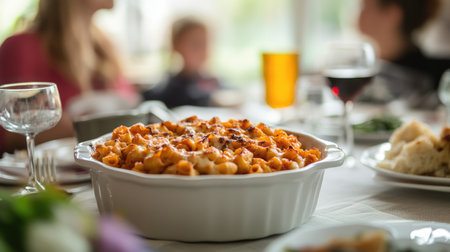 A mouthwatering homemade pasta dish elegantly served in a white bowl, perfect for gatherings. The inviting setup highlights joy in sharing delicious meals with loved ones.の素材
