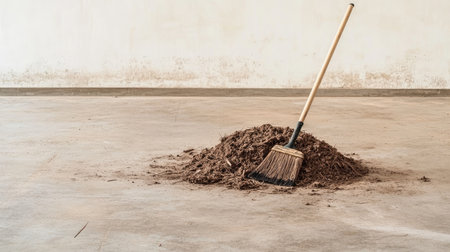 A broom rests against a mound of dirt in an empty indoor space, symbolizing cleaning and maintenance. The simple setup emphasizes a need for tidiness and organization.の素材