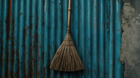 A rustic broom made of straw hangs against a textured blue metal wall, showcasing simplicity and traditional craftsmanship. Ideal for decor or cleaning themes.の素材