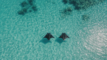 Two majestic manta rays glide gracefully through crystal clear tropical waters, showcasing the serene beauty of marine wildlife in a tranquil underwater environment.の素材