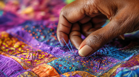 A close-up view of a skilled hand stitching colorful fabric quilt. The intricate patterns and vibrant colors highlight the art of textile craftsmanship and creativity.の素材