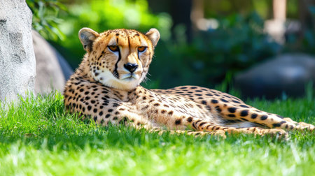 A breathtaking close-up of a relaxing cheetah lying on sunlit grass, showcasing its striking spots and expressive eyes. Perfect for wildlife enthusiasts.の素材