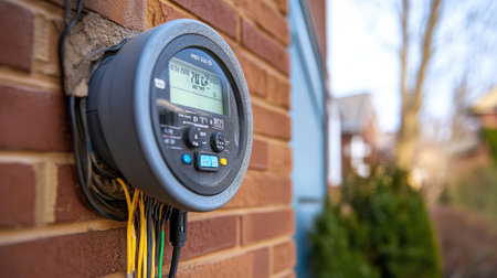 A close-up view of a digital electric meter mounted on a brick wall, showcasing its screen and connected wires. This image captures essential aspects of home energy monitoring and efficiency.の素材