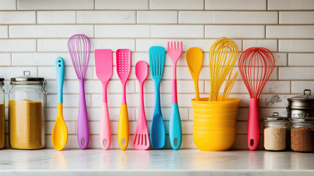 A vibrant collection of colorful silicone kitchen utensils displayed in an organized manner on a marble countertop, perfect for modern cooking and baking.の素材