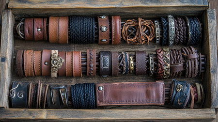 A stunning collection of assorted leather and rope bracelets elegantly arranged in a rustic wooden box, showcasing exquisite craftsmanship and unique designs.の素材