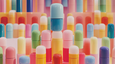 A visually captivating arrangement of colorful capsules creates an abstract and playful scene. This vibrant composition showcases a unique variety of shapes and hues, perfect for creative projects.の素材