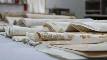 Close-up view of rolls of decorative fabric showcasing intricate floral patterns. Ideal for sewing, crafting, or interior design projects that emphasize elegance and quality.の素材