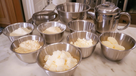 A visually appealing arrangement of various ingredients in silver mixing bowls placed on a marble kitchen countertop, showcasing preparation for cooking or baking.の素材
