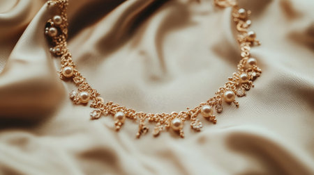 This elegant gold necklace features pearls and gemstones, beautifully displayed on soft fabric. Perfect for showcasing luxury jewelry in any context.の素材