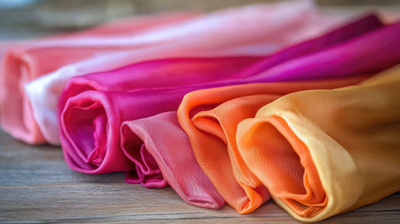 A collection of vibrant, soft fabrics in shades of pink, orange, and yellow elegantly arranged on a wooden surface, ideal for creative projects and fashion designs.の素材