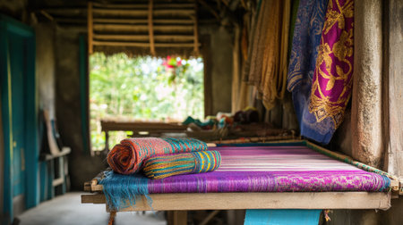 A vibrant display of colorful textiles on a loom in a traditional weaving studio, showcasing the beauty of handcrafted artistry and cultural heritage in a serene setting.の素材